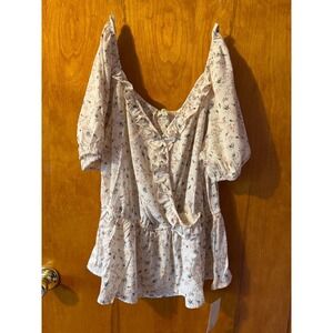 Floral Ruffle Blouse 2XL Plus Size V Neck Short Sleeve Bohemian Casual Top